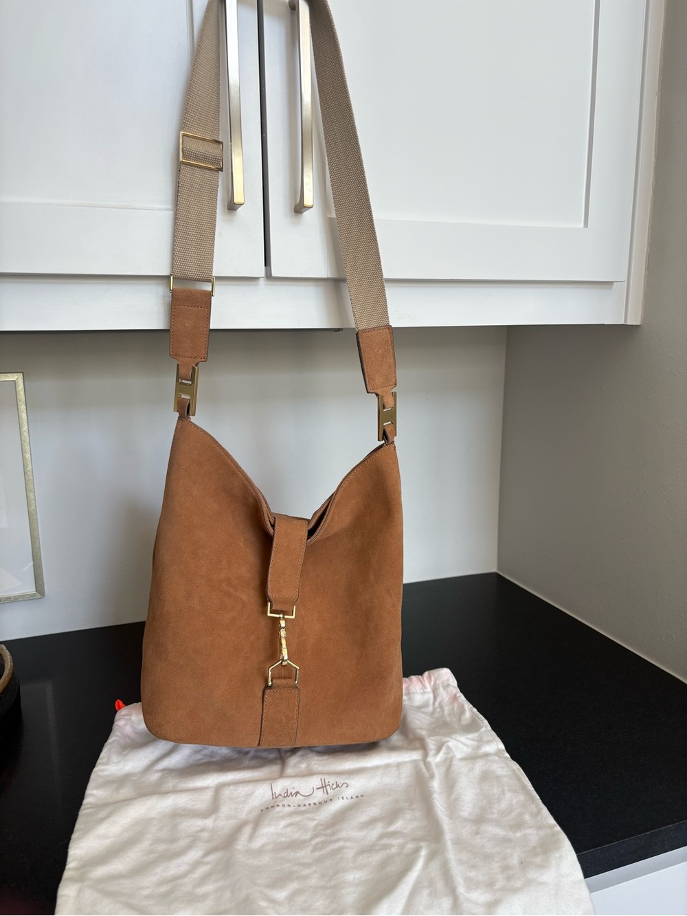 India Hicks Edwina Camel Suede Hobo Bag Gold H Hardware Dust Bag
